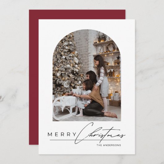 Modern Minimal Script Arch Photo Red Christmas Feestdagenkaart (Voorkant / Achterkant)