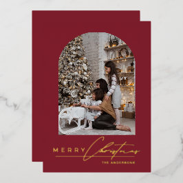 Modern Minimal Script Boog Foto Rode Kerst Folie Feestdagenkaart