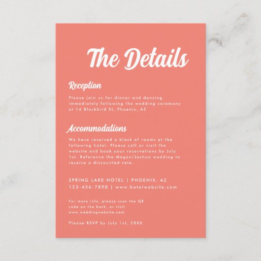 Modern Minimal Script Coral Pink Wedding Details Informatiekaartje (Voorkant)