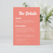 Modern Minimal Script Coral Pink Wedding Details Informatiekaartje (Staand voorkant)
