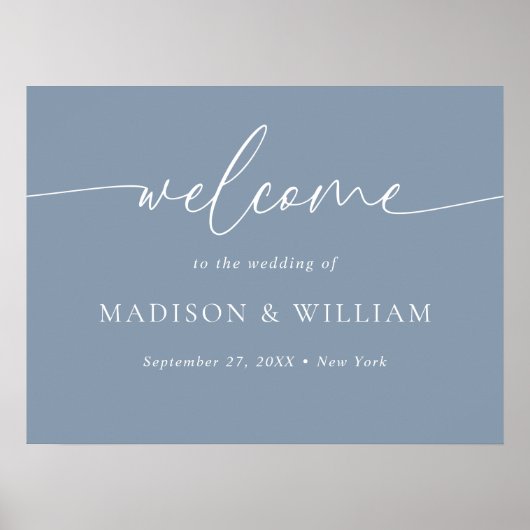 Modern Minimal Script Dusty Blue Wedding Welkom Poster (Voorkant)