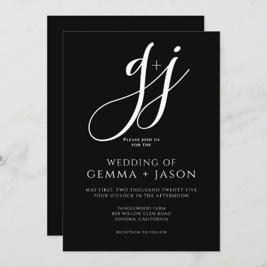 Modern Minimal Script Initiaal Zwart Wit Trouwen Kaart (Voorkant / Achterkant)