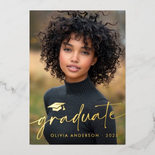 Modern minimal script pet foto afstuderen echt folie uitnodiging (Voorkant)