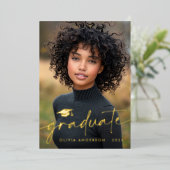 Modern minimal script pet foto afstuderen echt folie uitnodiging (Staand Voorkant)