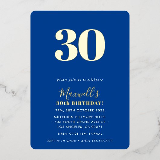 MODERN MINIMAL simpele 30ste verjaardag blauw Folie Uitnodiging (Voorkant)