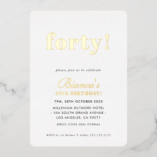 MODERN MINIMAL simpele chic veertigjarig goud Folie Uitnodiging (Voorkant)