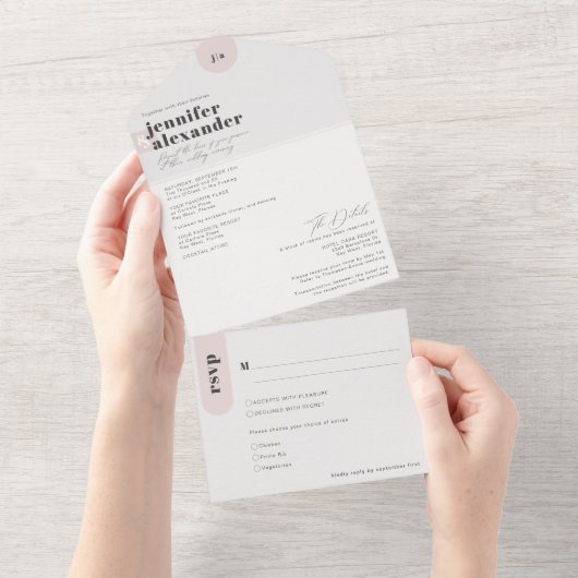 Modern Minimal Simple Dusty Roos bruiloft All In One Uitnodiging (Afscheurbaar)