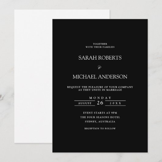 Modern Minimal Simple Script Zwart Stropdas Weddin Kaart (Voorkant / Achterkant)