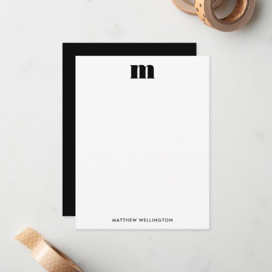 Modern Minimal Solid Black White Monogram Notitiekaartje (Voorkant / Achterkant in situ)