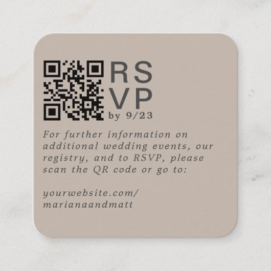 Modern Minimal Taupe RSVP QR Code Kaart (Voorkant)
