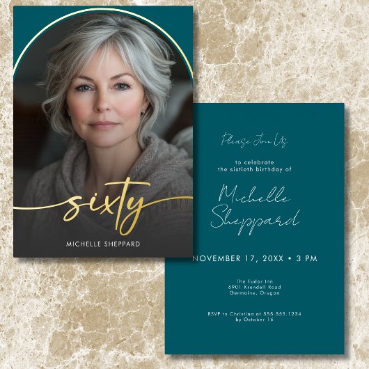 Modern Minimal Teal Arch Sixtieth Birthday Folie Uitnodiging