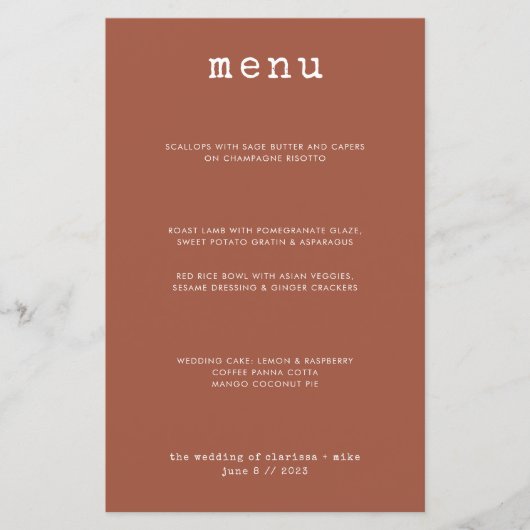 Modern Minimal Terracotta Type writer Wedding Menu (Voorkant)