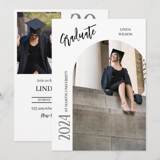 Modern Minimal Twee Foto Afstuderen Uitnodiging (Voorkant / Achterkant)