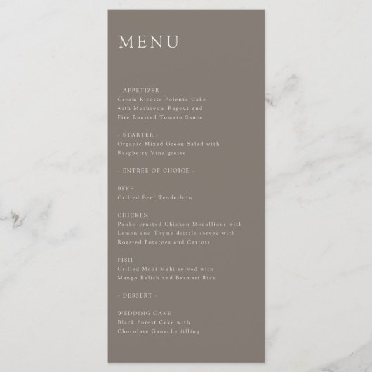 Modern Minimal Wedding Reception Menu Taupe (Voorkant)