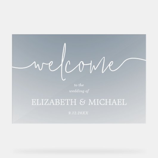 Modern Minimal Wedding Welkom Transparant Blauw Acryl Bord (Voorkant)