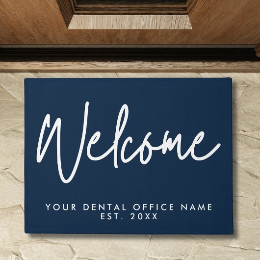 Modern Minimal Welcome Script Dental Office Blue Deurmat