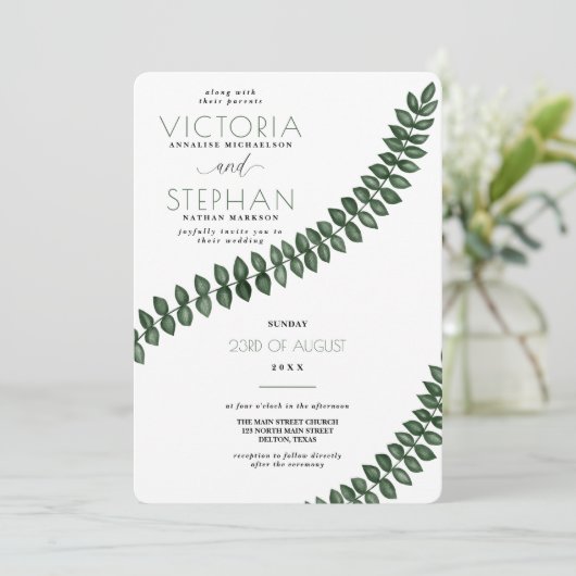 Modern Minimal White Green Leaves Greenery Wedding Kaart (Staand voorkant)