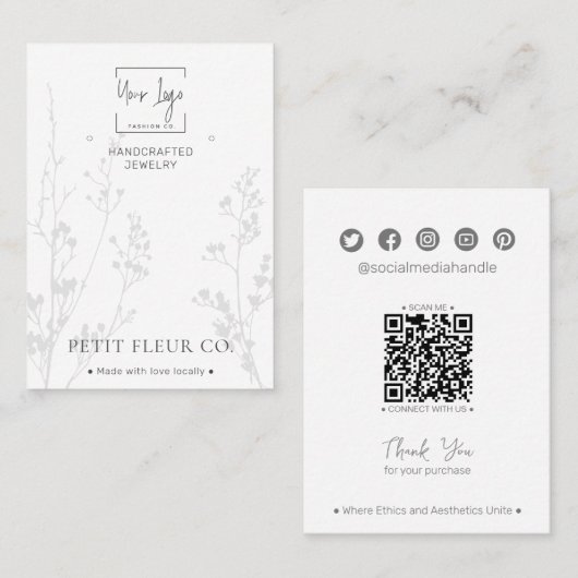 Modern Minimal Wildflower QR Sieraden Display Kaar Contactkaartje (Voorkant / Achterkant)