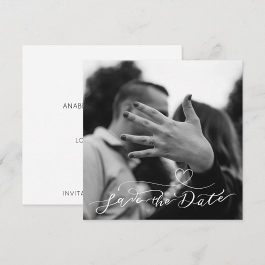 Modern Minimal Zwart-wit hart Foto Save The Date (Voorkant / Achterkant)