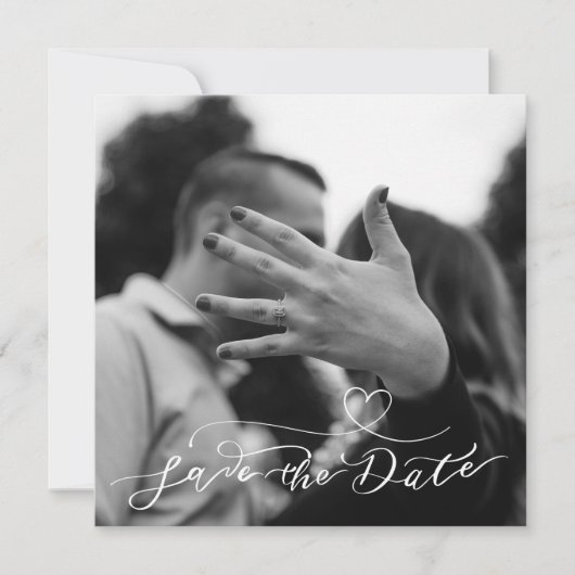 Modern Minimal Zwart-wit hart Foto Save The Date (Voorkant)