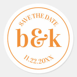 Modern Minimale Monogram Opslagdatum Oranje huweli Ronde Sticker