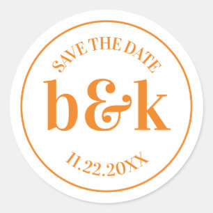 Modern Minimale Monogram Opslagdatum Oranje huweli Ronde Sticker