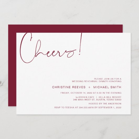 Modern minimalisme Burgundy Script repesal Dinner Kaart (Voorkant / Achterkant)
