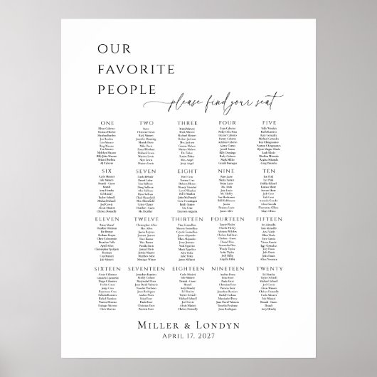 Modern minimalist 20 tables seating plan poster (Voorkant)