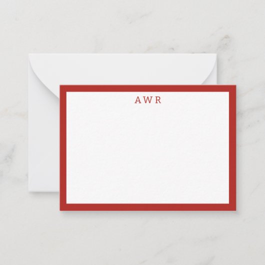 Modern Minimalist 3 Monogram One Border Red Notitiekaartje (Voorkant)