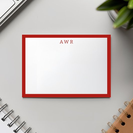 Modern Minimalist 3 Monogram One Border Red Notitiekaartje