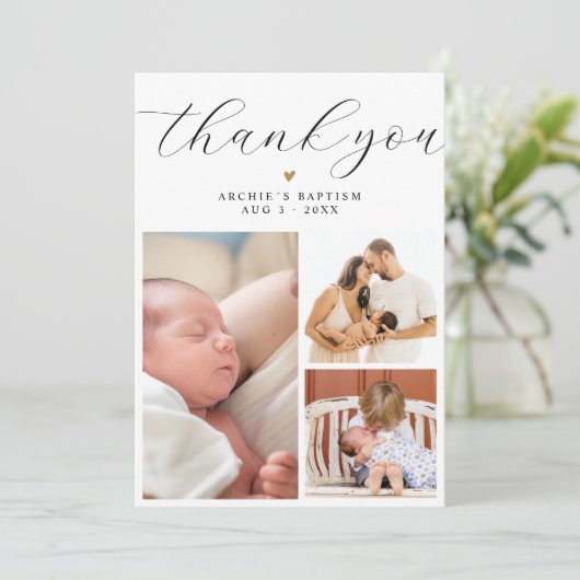 Modern Minimalist 3 Photo Collage Baptism Bedankkaart (Staand voorkant)