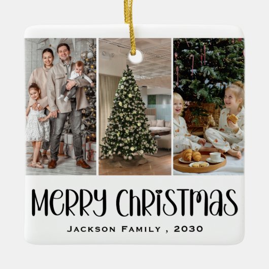 Modern Minimalist 4 Photo Collage Family Name Year Keramisch Ornament (Voorkant)