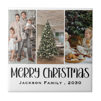 Modern Minimalist 4 Photo Collage Family Name Year Tegeltje