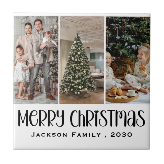 Modern Minimalist 4 Photo Collage Family Name Year Tegeltje (Voorkant)