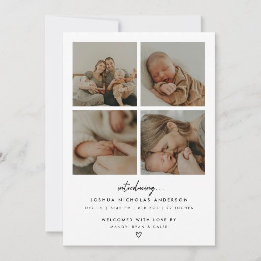 Modern Minimalist 5 Baby Photos Birth Aankondiging (Voorkant)