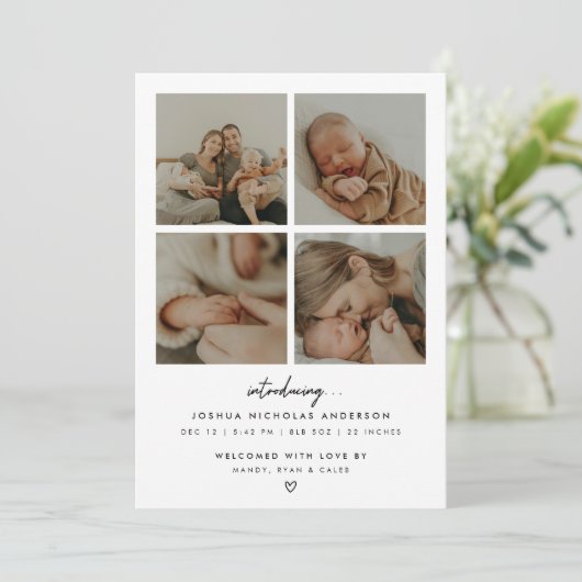 Modern Minimalist 5 Baby Photos Birth Aankondiging (Staand voorkant)