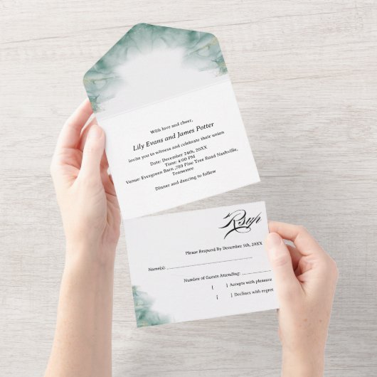 Modern Minimalist Artistic Green Abstract Wedding All In One Uitnodiging (Afscheurbaar)
