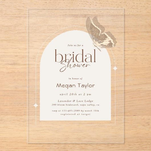 Modern Minimalist Beige Butterfly Bridal Shower Acryl Uitnodigingen (Voorkant)