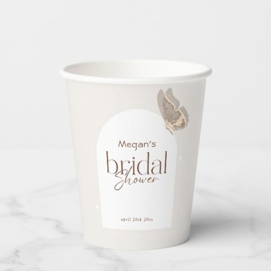 Modern Minimalist Beige Butterfly Bridal Shower Papieren Bekers (Achterkant)