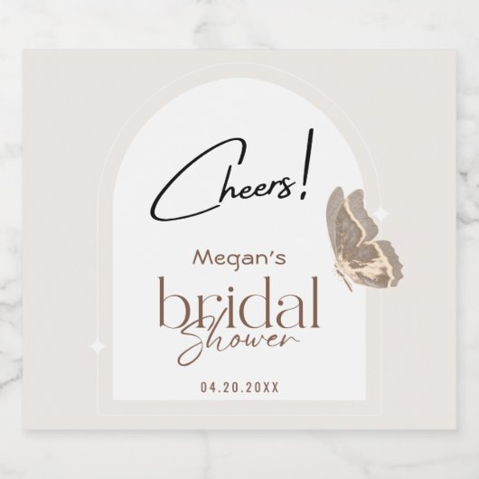 Modern Minimalist Beige Butterfly Bridal Shower Sparkling Wijnetiket (Enkel label)