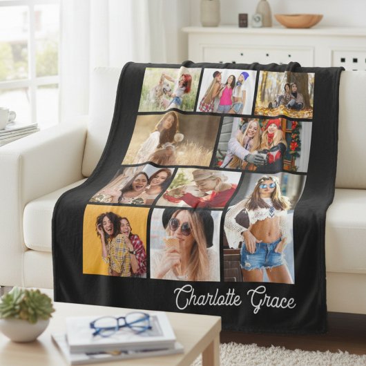 Modern Minimalist Black 10 Photo Collage With Name Fleece Deken