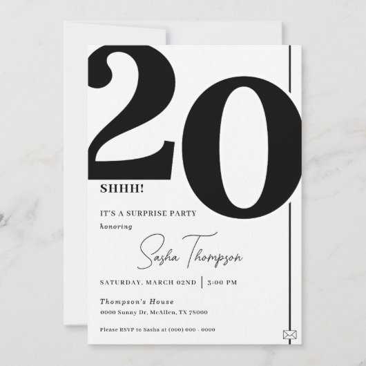 Modern minimalist black 20th birthday invitation kaart (Voorkant)