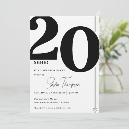 Modern minimalist black 20th birthday invitation kaart (Staand voorkant)