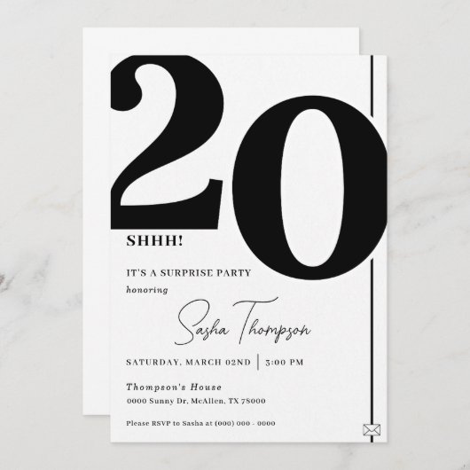 Modern minimalist black 20th birthday invitation kaart (Voorkant / Achterkant)