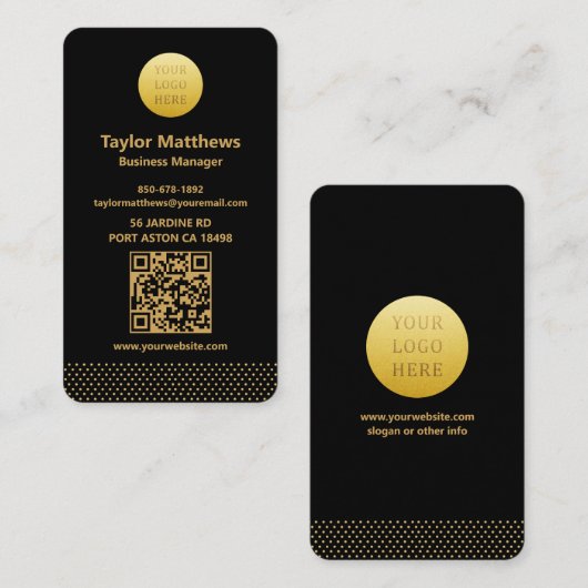 Modern Minimalist Black and Gold Dots QR Code Visitekaartje (Voorkant / Achterkant)