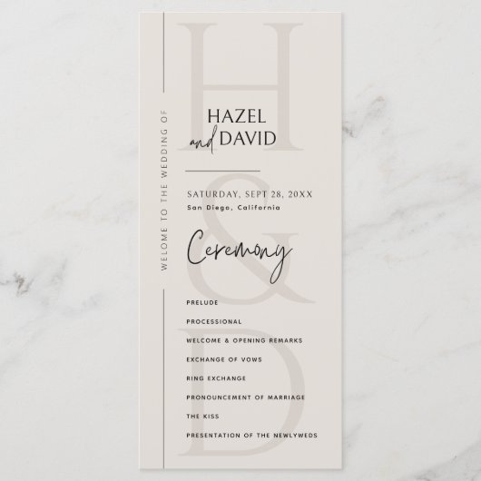 Modern Minimalist Black and Ivory Monogram Wedding Programmakaart (Voorkant)