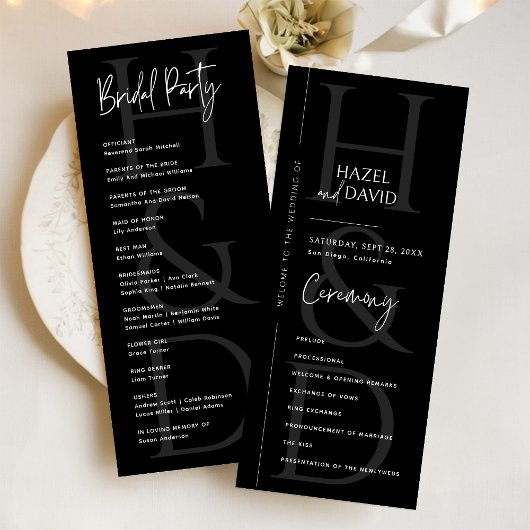 Modern Minimalist Black and White Monogram Wedding Programmakaart