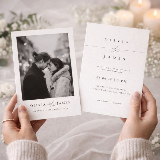 Modern Minimalist Black and White Photo Wedding Kaart