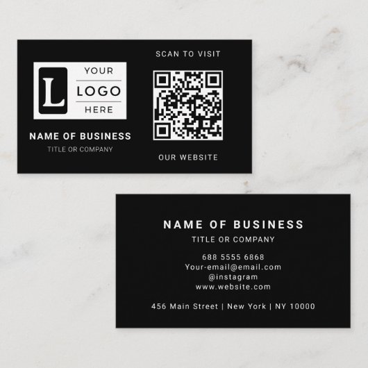 Modern Minimalist Black Custom Logo QR Code Visitekaartje (Voorkant / Achterkant)