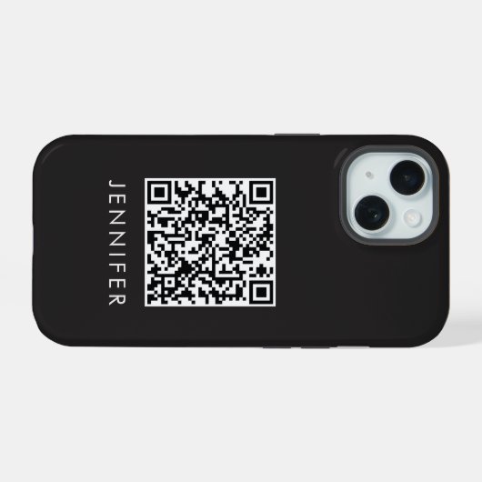 Modern Minimalist Black Executive QR Code Monogram iPhone 15 Case (Achterkant horizontaal)